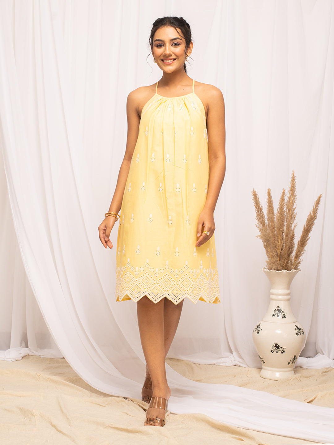 FIORRA Women's Yellow Schiffli Work Cotton Skater Dress